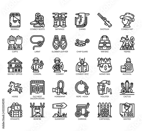 Set of cowboy thin line and pixel perfect icons for any web and app project.