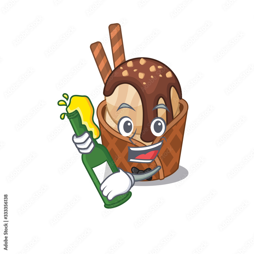 coffee ice cream with bottle of beer mascot cartoon style