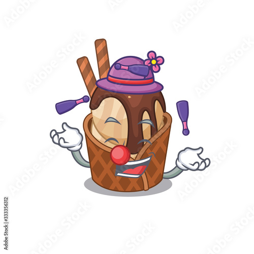 A sweet coffee ice cream mascot cartoon style playing Juggling