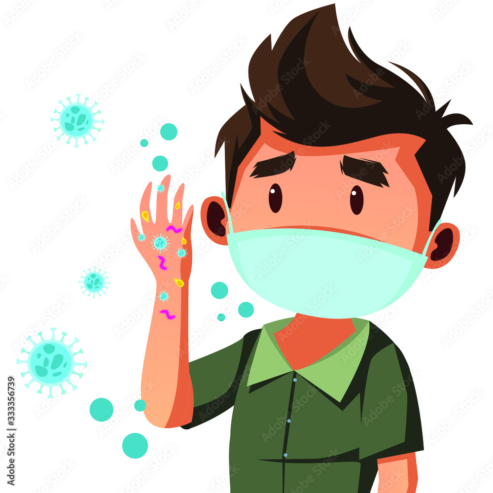 Young man wear mask insecure about his hand have a lot of germs Young man wear mask insecure about his hand have a lot of germs