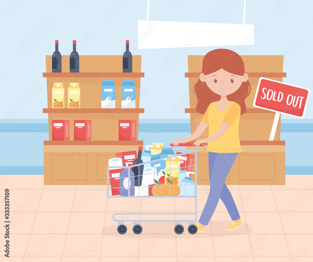 young woman with cart and shelves with food excess purchase young woman with cart and shelves with food excess purchase