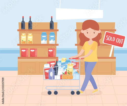 young woman with cart and shelves with food excess purchase