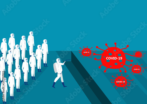 many man in hazmat suit cleaning and fighting with coronavirus vector illustrator.