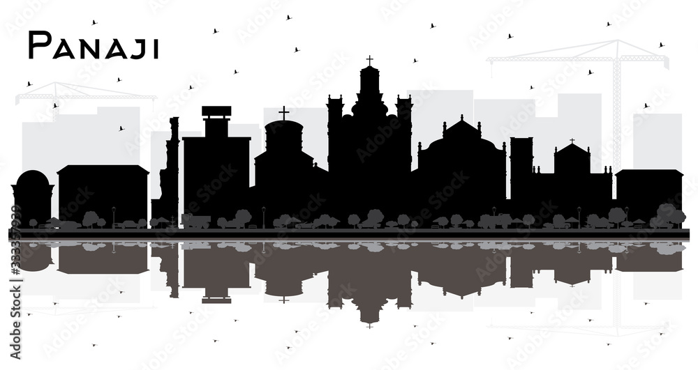 Panaji India City Skyline Silhouette with Black Buildings and Reflections Isolated on White.