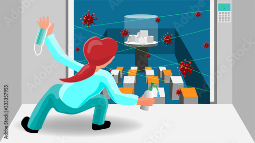 The cartoon illustration picture of a woman try to get toilet paper rolls in the security room. ( vector )