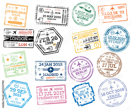 Collection of Passport Stamps Isolated on White. Vector Illustration. Set from Different Countries and Cities.