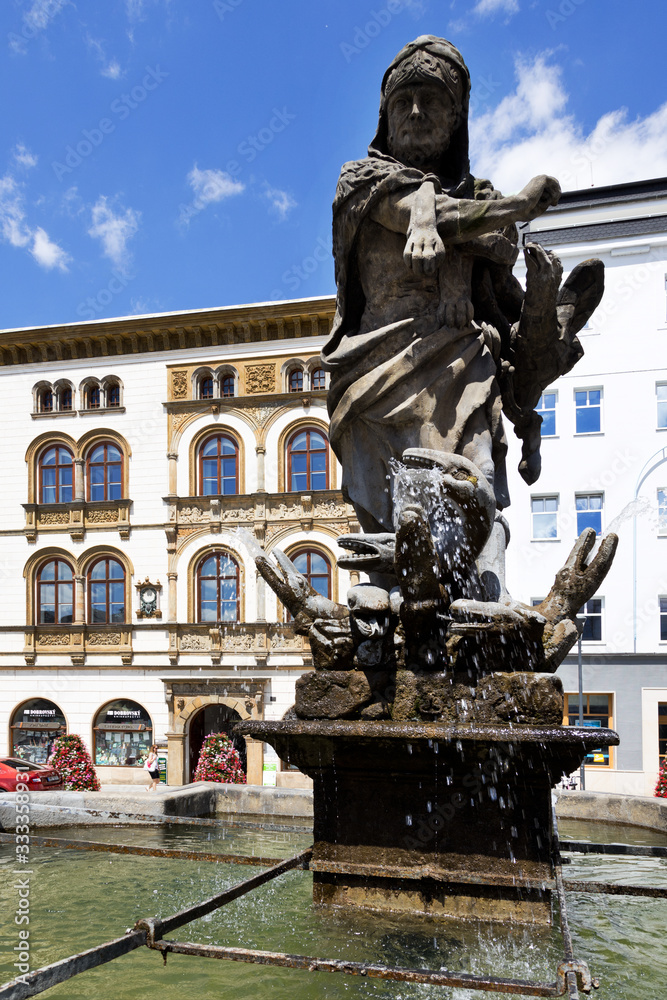 Hercules Fountain (1688) and Edelmann Palace (Renaissance), Upper Square, Olomouc, Czech Republic