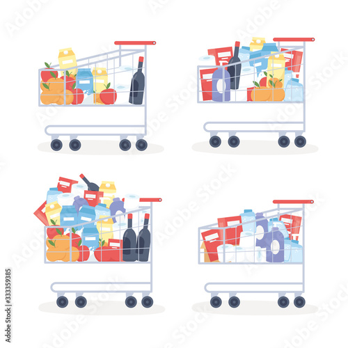 supermarket carts with cleaning supplies and food excess excess purchase