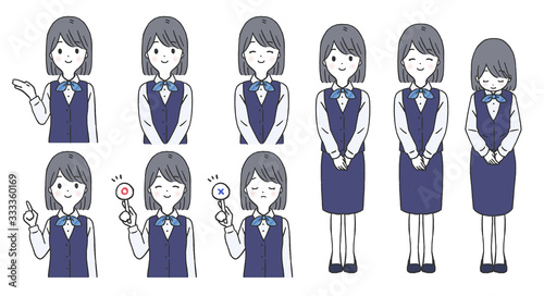 制服を着た受付けの女性のポーズセット