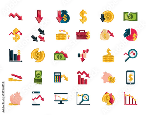 financial business crisis economy money stock market crash icons set isolated icon