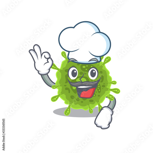 Cute coronavirus cartoon character wearing white chef hat