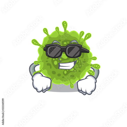 Super cool coronavirus mascot character wearing black glasses