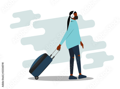 African-american woman wearing face mask travelling aboard vector illustration. Covid-19 coronavirus prevention travelling concept background