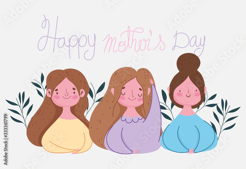 happy mothers day, women characters mom floral decoration card