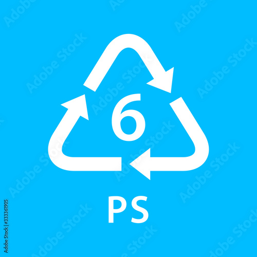 recycle arrow triangle PS types 6 isolated on blue background, symbology six type logo of plastic PS materials, recycle triangle types icon graphic, recycle plastic ecology icon