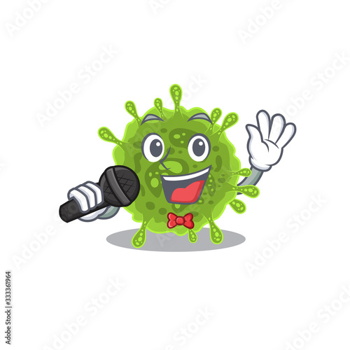 Cute coronavirus sings a song with a microphone