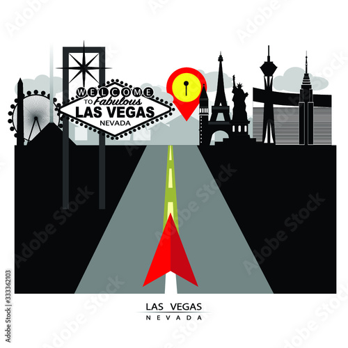 GPS leading guide to Las Vegas iconic on strip City Silhouette with city in background, Black and white featured with red pinpoint and red arrow gps navigator