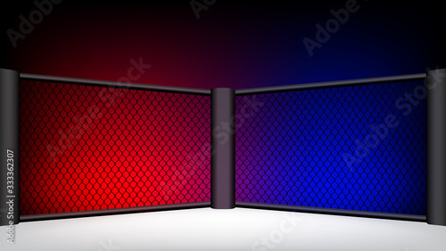 boxing ring area, boxing ring in net fence, mma boxing floor for fight, boxing stage gym empty for copy space text, octagon cage area for background