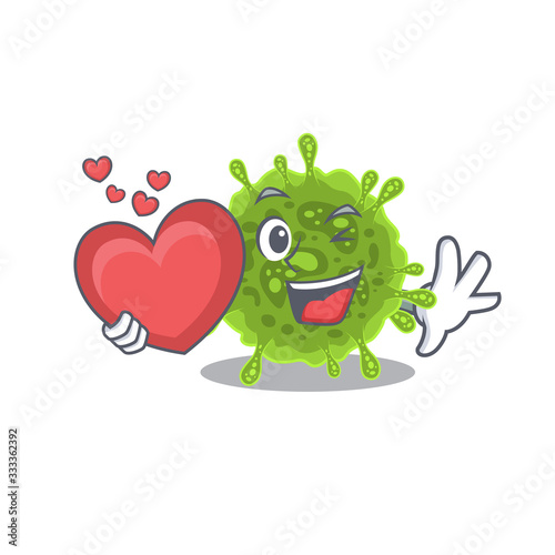 A romantic cartoon design of coronavirus holding heart