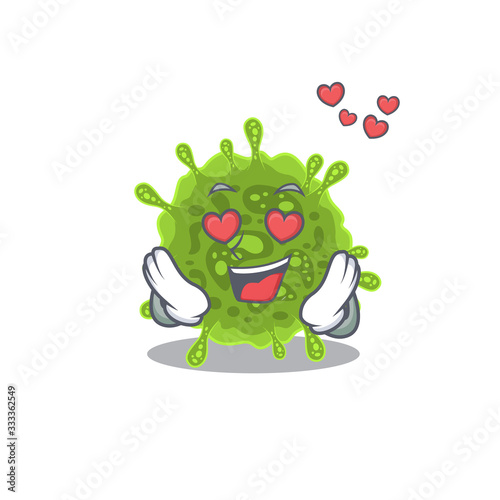 cute coronavirus cartoon character showing a falling in love face