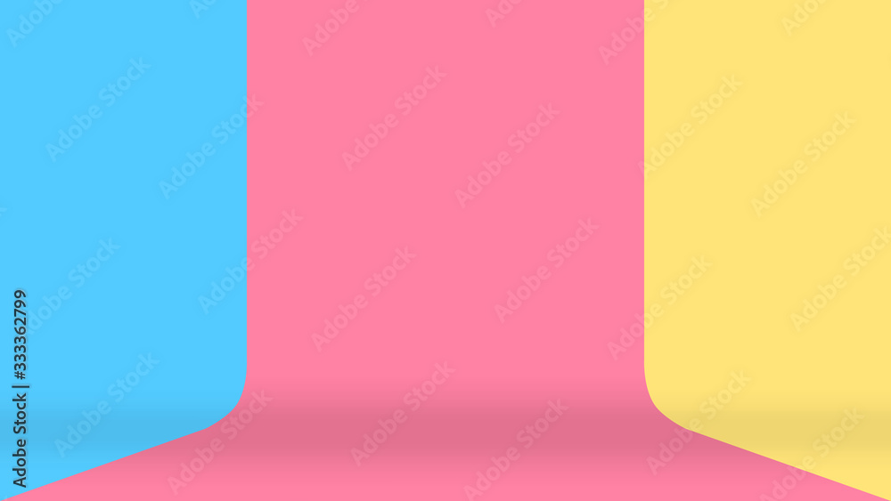 empty room wall blue pink and yellow pastel colors background, studio stage floor pastel color soft scene, stage backdrop colorful, backdrop colorful room pastel color - obrazy, fototapety, plakaty 