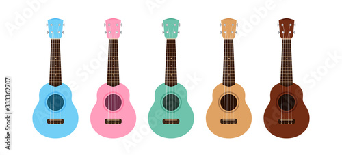 ukulele cute collection isolated on white, small ukelele pastel color for flat icon, realistic ukelele set for classical music play, ukulele classic retro style in holiday summer concept, small guitar photo