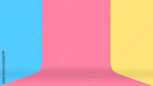 empty room wall blue pink and yellow pastel colors background, studio stage floor pastel color soft scene, stage backdrop colorful, backdrop colorful room pastel color