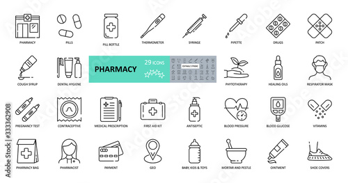 Vector pharmacy icons. Set of 29 images with editable stroke. Online sale medical preparations, equipment, thermometer, syringe, masks, shoe covers, vitamin, cough syrup, first-aid kit, contraceptives photo