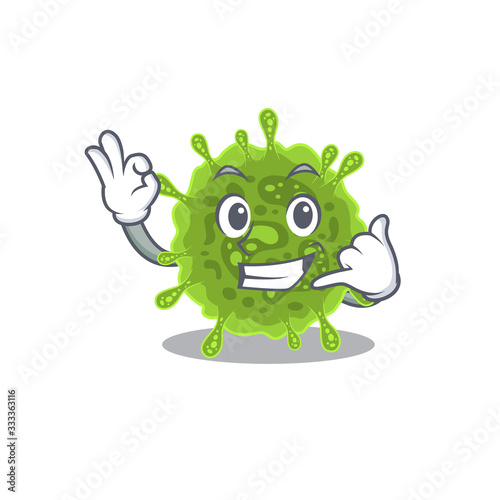 coronavirus mascot cartoon design showing Call me gesture