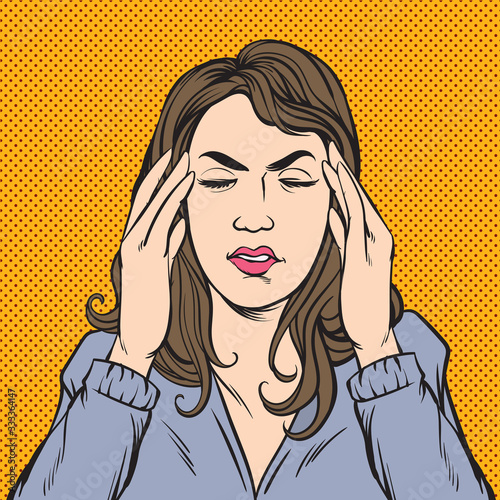 Girl with a headache. Pop art retro illustration comic Style Vector.