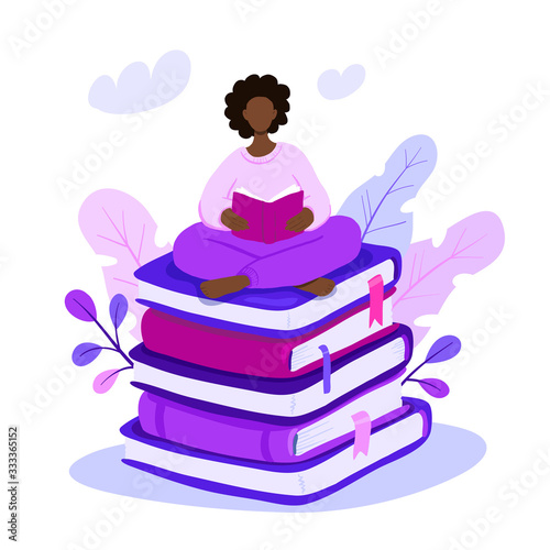 Vector illustration of young african american woman sitting on giant book pile and reading. Motivational literature fan. Violet concept illustration.
