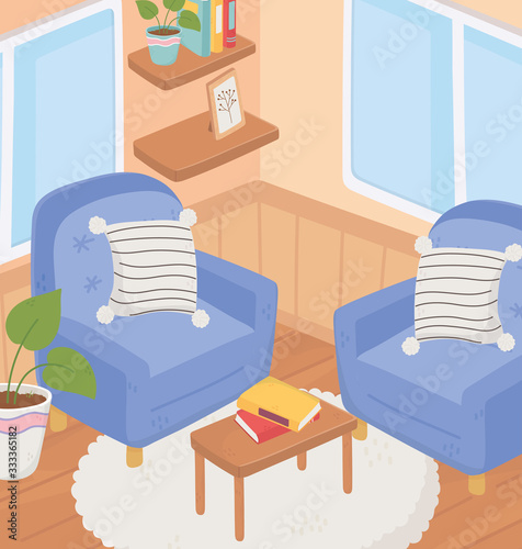 sweet home sofas with cushions table books shelves windows room