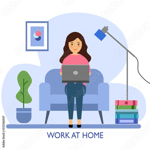 A woman working at home concept vector illustration on white background. Freelancer character working from home with laptop sitting in cozy armchair. Home office. Remote work.