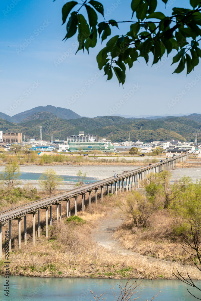 A houraibashi bridge, a long wooden bridge over the oi river in shimada city, A houraibashi bridge, a long wooden bridge over the oi river in shimada city,