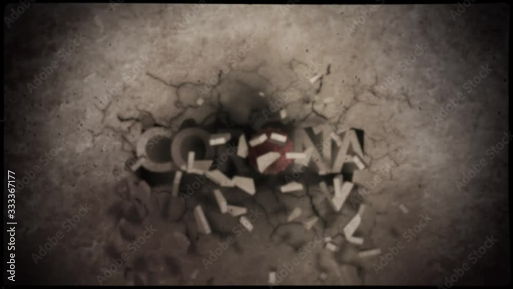 Agressive Coronavirus outbreak headline logo 3D intro text animation. Animated corona text with a virus cell breaking though the wall.