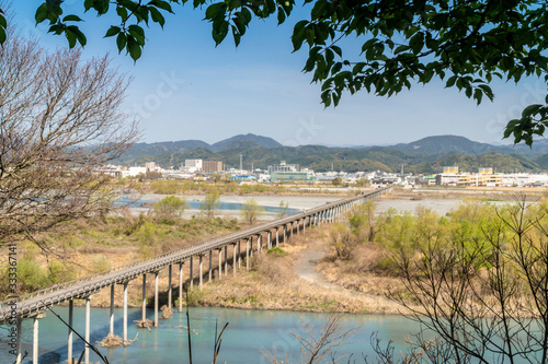 A houraibashi bridge, a long wooden bridge over the oi river in shimada city,