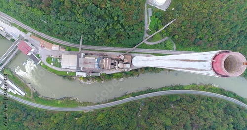 Drone flyover lignite fired power station Trbovlje, Slovenia , panoramic photo