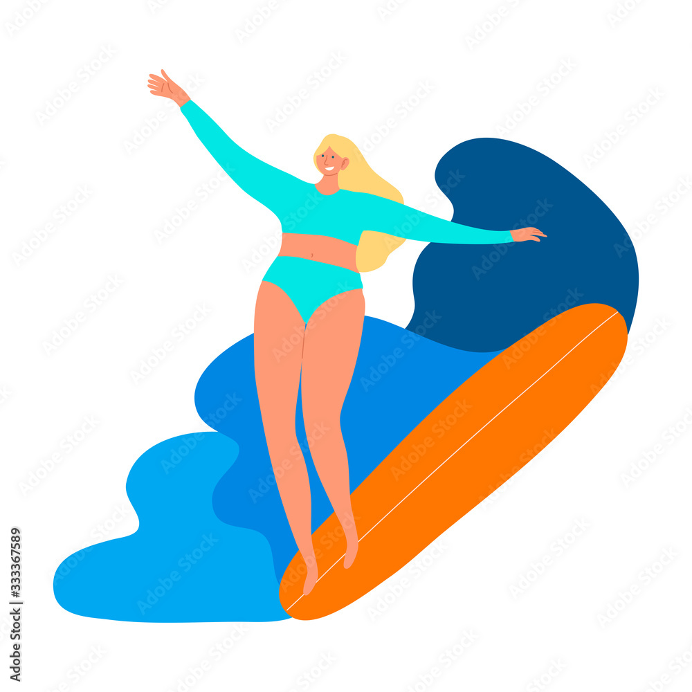 Surfer girl character in a blue swimsuit with surfboard riding on waves. Vector illustration in flat cartoon style