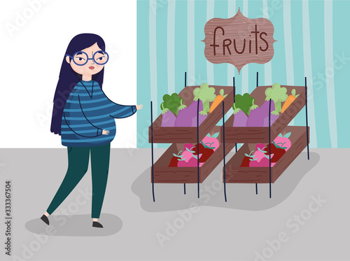 young woman with shelf market with fruits leisure