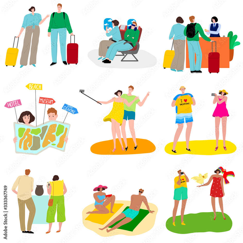Set of different traveling people in various action situations. Vector illustration in flat cartoon style.