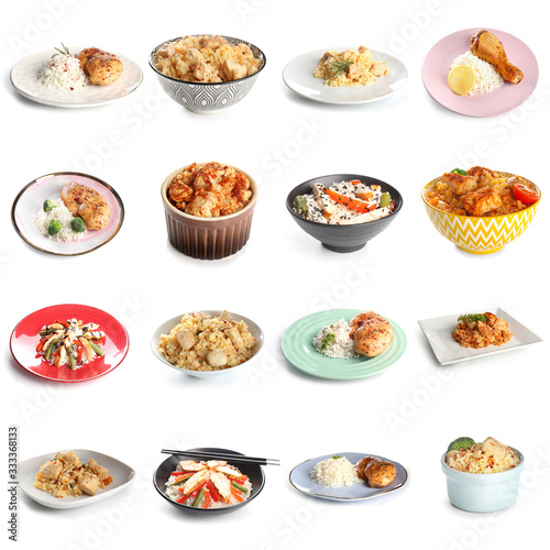 Collage with tasty boiled rice, chicken and vegetables on white background