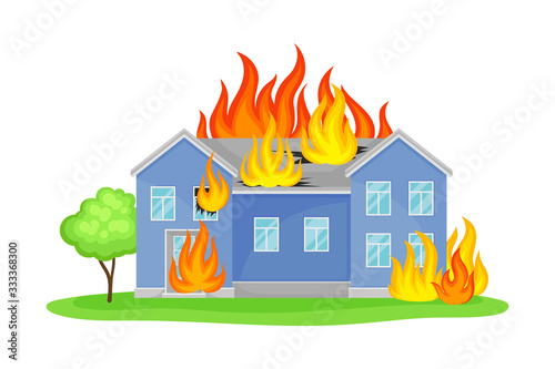 Residential House Engulfed in Flames Vector Illustration