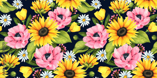  Floral seamless pattern with decorative sunflowers  poppies  daisies and leaves.