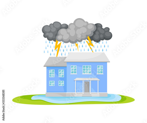 Residential House Undergoing Heavy Rain with Lightning and Thunder Vector Illustration