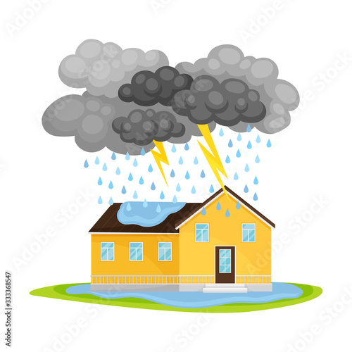 Residential House Undergoing Heavy Rain with Lightning and Thunder Vector Illustration