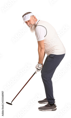 Elderly golf player on white background