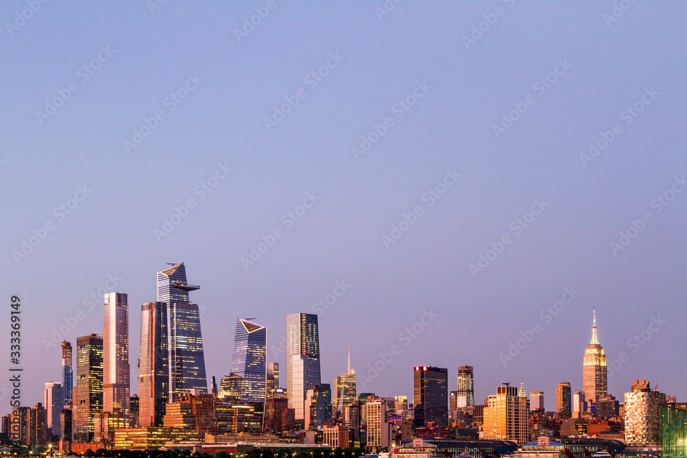 Beautiful view of New York city skyline at sunset, USA