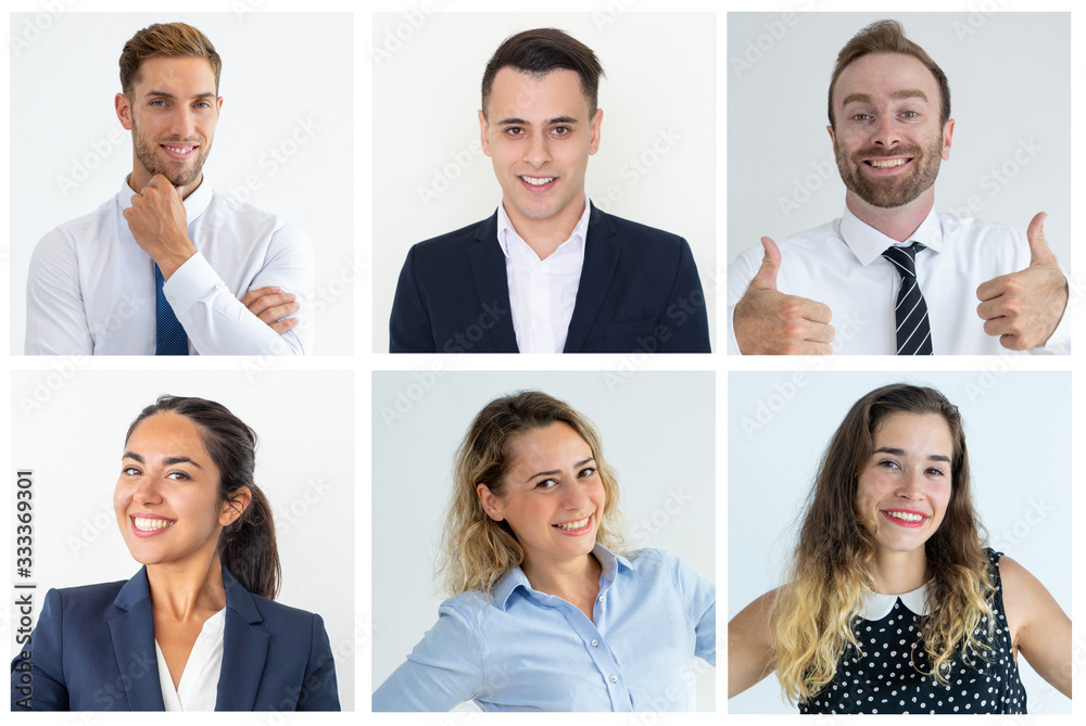 Fototapeta premium Positive business people portrait set. Happy young men and women in office clothes smiling at camera. Multiple shot collage. Human emotions concept
