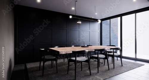 modern minimal dining room interior design, black wall, looking out to see the view, 3d render background