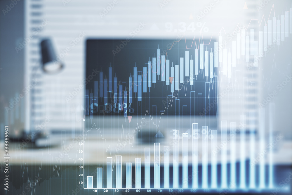 Abstract creative financial graph on modern laptop background, financial and trading concept. Multiexposure Abstract creative financial graph on modern laptop background, financial and trading concept. Multiexposure